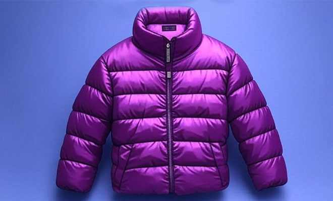 Purple puffy jacket against a gradient blue background.