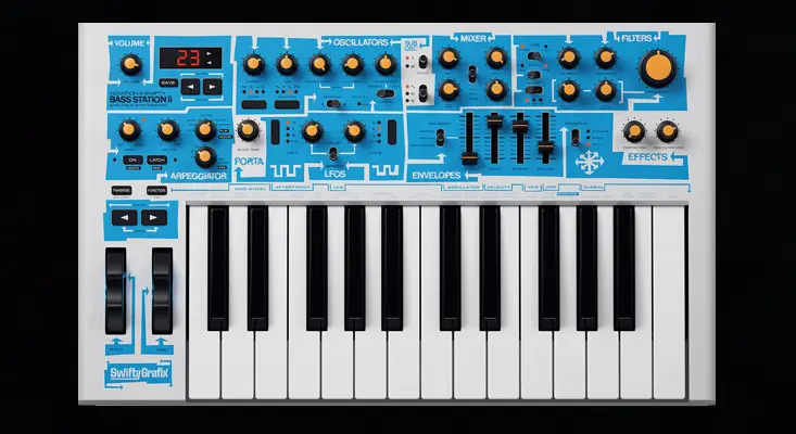 The Novation Bass Station II is Ruined Promises' go-to instrument for creating basslines. analogue monophonic synthesizer
