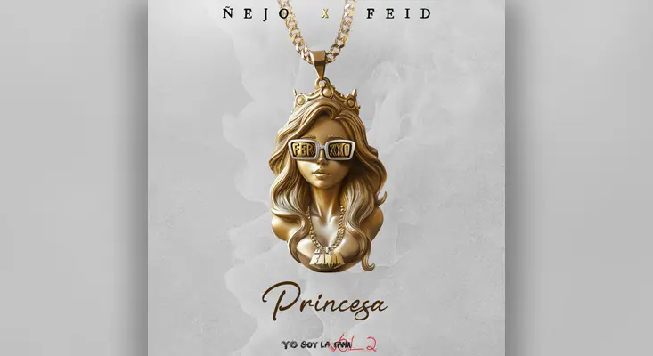 Cover art for the Reggaeton song "Princesa" by Ñejo and Feid, featuring a golden pendant of a woman's head wearing sunglasses and a crown.