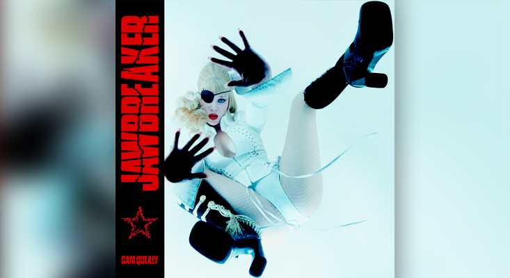 Sam Quealy JAWBREAKER album cover featuring a high-fashion white outfit, eye patch, and platform boots.