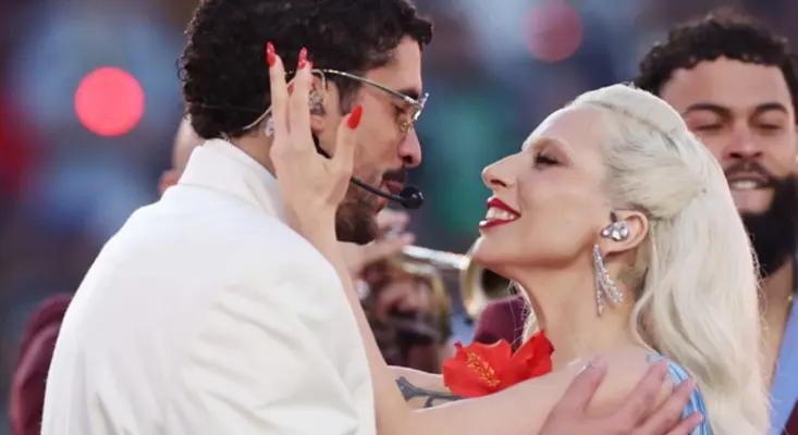 Bad Bunny and Lady Gaga performing together during the iconic Bad Bunny Super Bowl setlist at the halftime show.