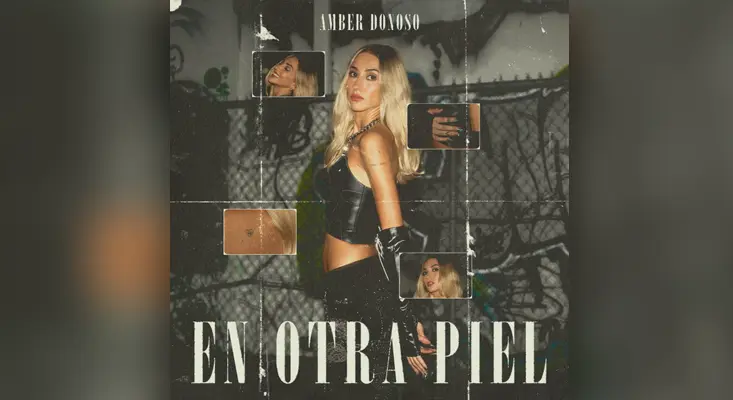 Official cover art for Amber Donoso's single "En Otra Piel," featuring the artist in a black leather outfit against a graffiti background, a top pick for breakup Reggaeton songs.