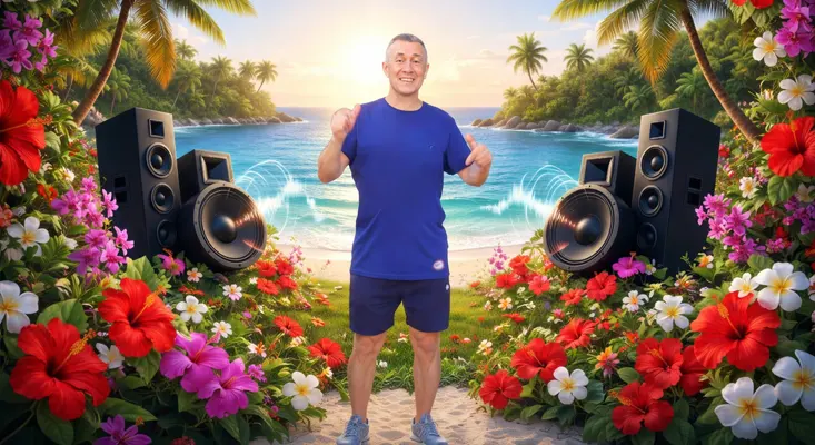 Gary Louca standing on a tropical beach with large speakers and hibiscus flowers for his Deep House remix.