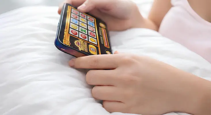 A woman playing a casino slot game on a blue smartphone, illustrating the growth of interactive online gaming formats and digital design.