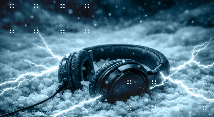 Visualizing the SHDWCSTRS sound: Cinematic, dark, and built for those who feel more than they speak. High-fidelity headphones immersed in a dark, snowy soundscape with electric lightning, representing the cinematic world of SHDWCSTRS.