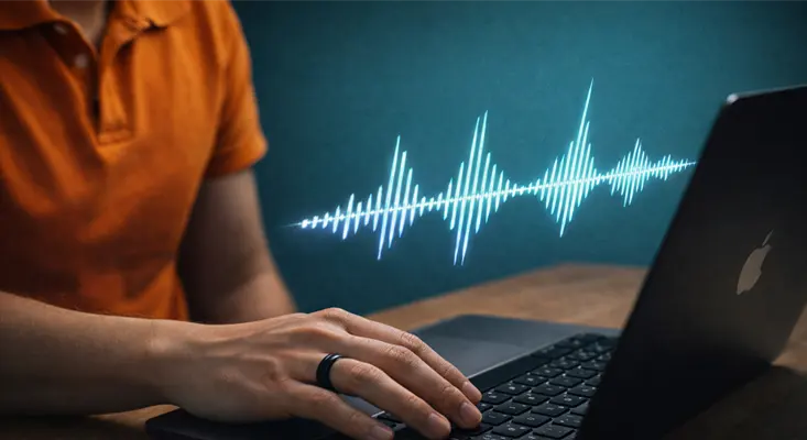 A creator using the Sound Stock platform on a black MacBook with a digital music soundwave visualization and a wooden desk background.