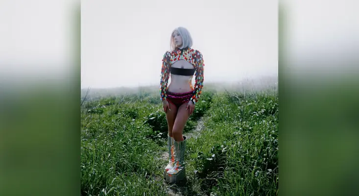 Sophie Grey standing in a misty field wearing silver platform boots and a rainbow sequined shrug, a visual representation of her melancholic synth ballad.