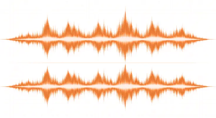 LANDR utilizes AI-driven mastering technology to analyze and balance frequency, dynamics, and loudness in real-time. Orange glowing sound waveforms on a realistic white screen representing AI-driven mastering technology and music production analysis.