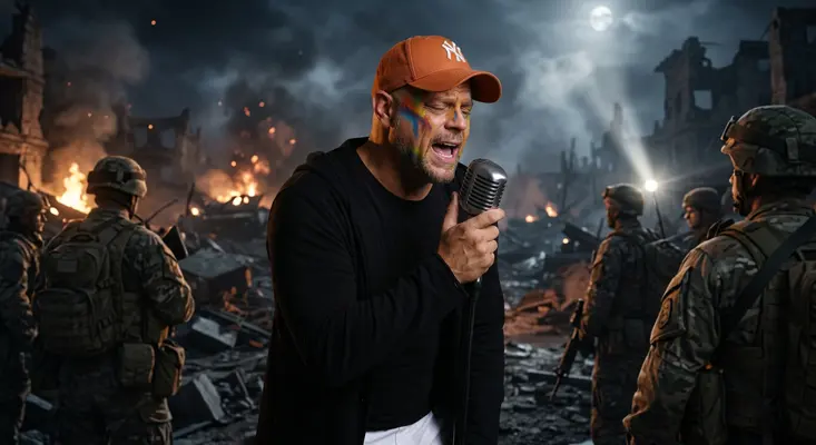 COY Swede singing passionately into a vintage microphone surrounded by soldiers on a war-torn battlefield at night.