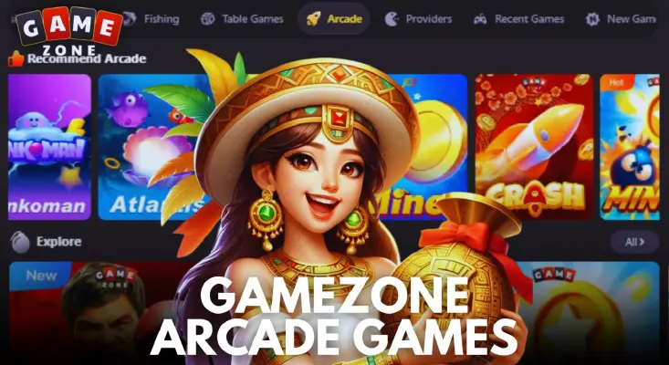 GameZone Arcade Games platform showing recommended arcade games including Atlantis, Crash, and Mine on the GameZone Online lobby.