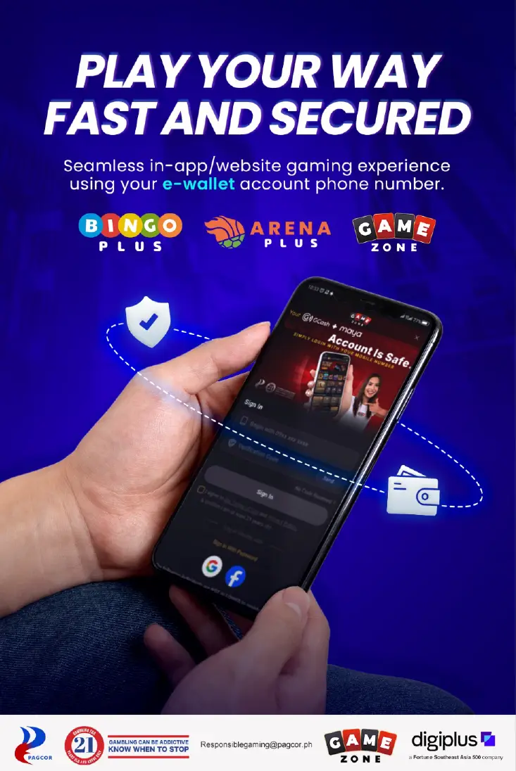 Hand holding a smartphone logging into GameZone app with e-wallet for fast and secure GameZone Arcade Games access.