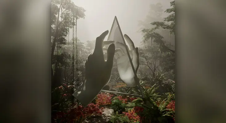 Ladytron Paradises album cover 2026 showing a giant hand holding a glass pyramid in a misty jungle.