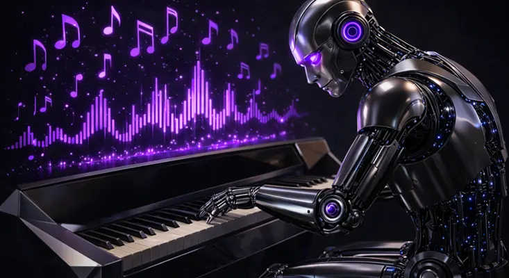 AI robot playing a digital piano representing MusicGenerator.com independent review platform.