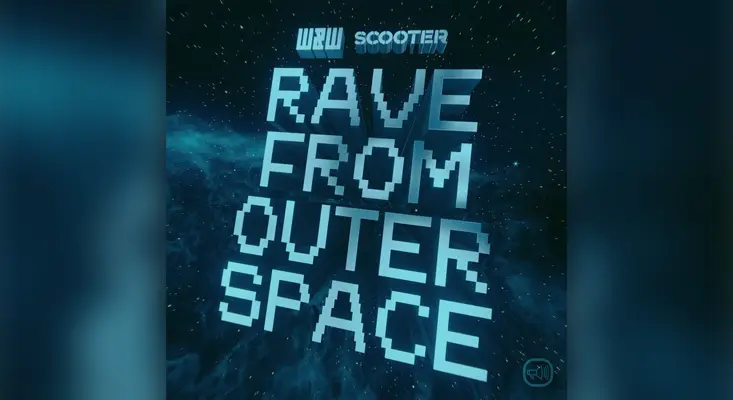 W&W x Scooter - Rave From Outer Space Official cover art for "Rave From Outer Space" by W&W and Scooter featuring bold pixel-style typography against a deep space background.