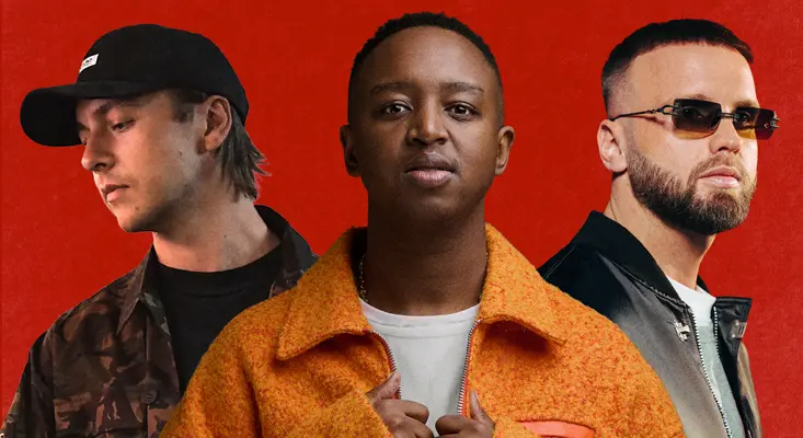 Topic, Shimza, and A7S posing for their 2026 Helix Records collaboration single "Missing You."