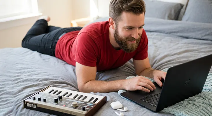 Bearded producer using ArtistDirect music glossary on MacBook.