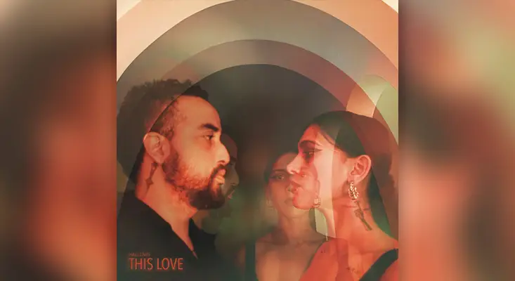Official cover art for the single "This Love" by HALLOWS, featuring a surreal double-exposure portrait of the band members with circular graphic overlays.