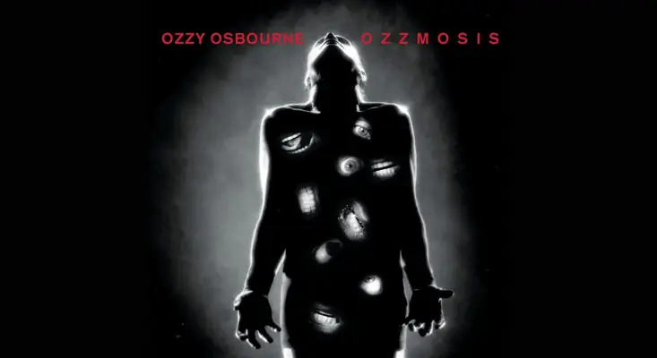 The official album cover art for Ozzmosis by The Prince Of Darkness Ozzy Osbourne, featuring a silhouette with embedded eyes and mouths.