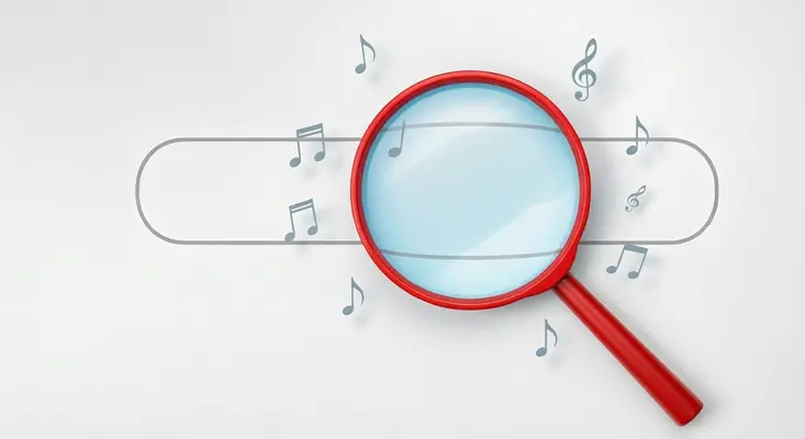Quickly find music production terms, genres, and techniques. Magnifying glass search icon for music glossary terms.