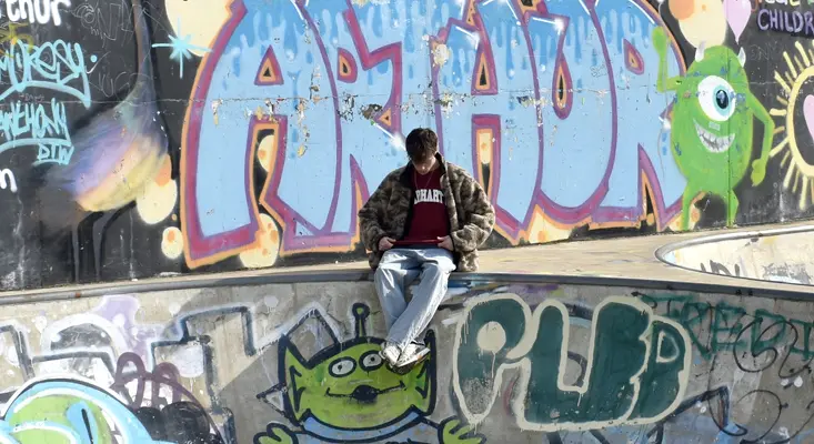 UK producer Jøsh sitting at a graffiti park, representing his unique and independent approach to electronic music.