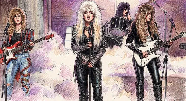 Vixen, the iconic 80s all-female Rock band behind "How Much Love." Illustrated portrait of Vixen the 80s all female rock band performing live.