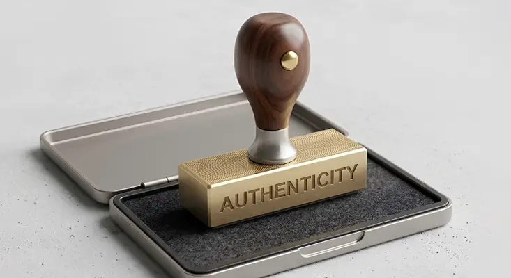A high-end wooden and metal rubber stamp in an open metal case on a concrete background, featuring the word "AUTHENTICITY" engraved on its gold base.