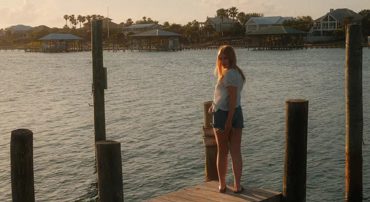 Samantha LaPorta standing on a dock at sunset for her cinematic single Flora-Bama.
