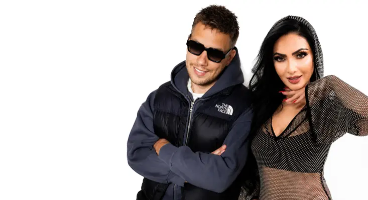 LNY TNZ and Lady Faith pose together for Night Predator hard dance music collaboration at EDC 2026.