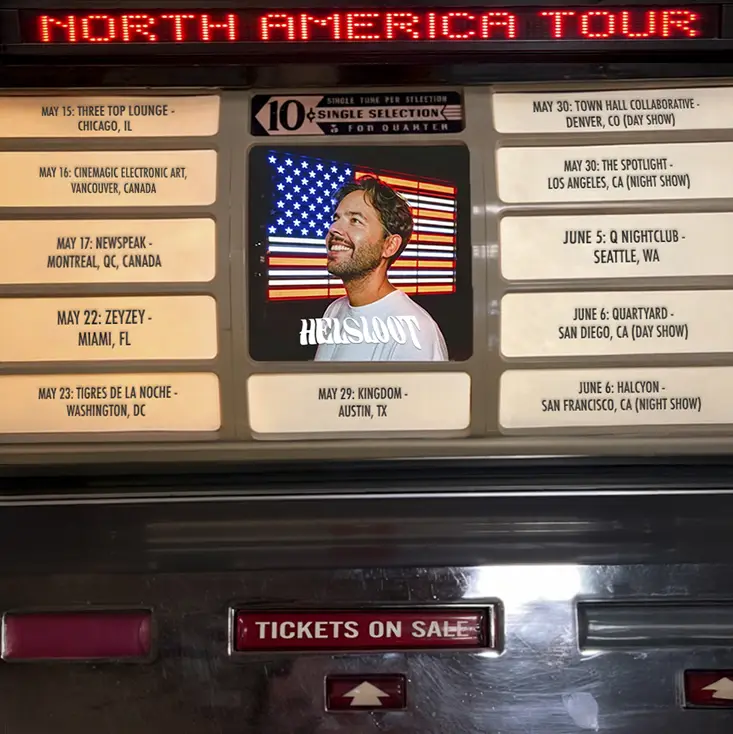 Vintage jukebox-style graphic showing Helsloot North America Tour 2026 dates across 11 cities including Chicago, Vancouver, Miami, and Los Angeles.