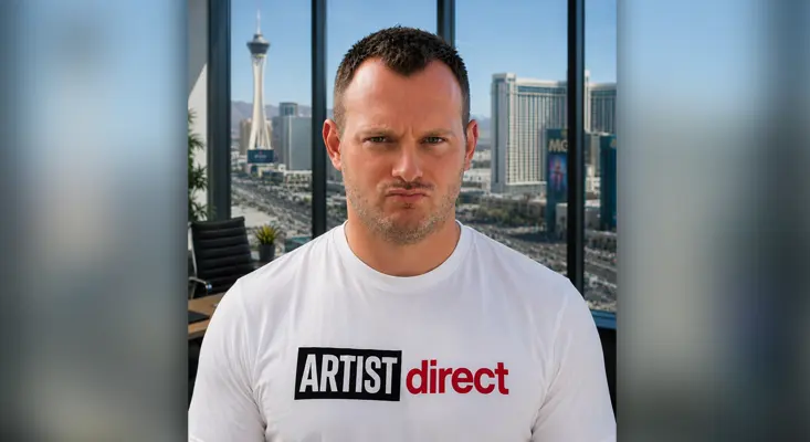 Josh Linsk in Las Vegas office wearing ArtistDirect shirt, with Stratosphere and MGM in background, discussing the MusicNews.com ecosystem.