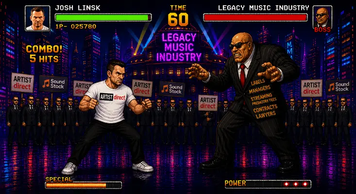 Josh Linsk in an 8-bit arcade fighter style battle against a giant corporate boss representing the Legacy Music Industry, featuring Sound Stock and ArtistDirect branding.
