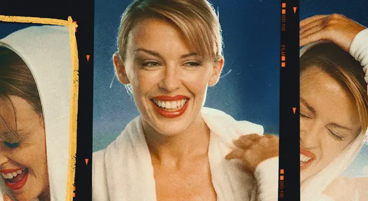Kylie Minogue smiling in a white robe in a vintage film strip style photo from the Kylie Minogue Netflix documentary trailer.