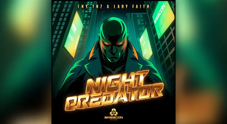 Night Predator single cover art featuring a dark cyberpunk predator figure with glowing eyes, by LNY TNZ and Lady Faith.