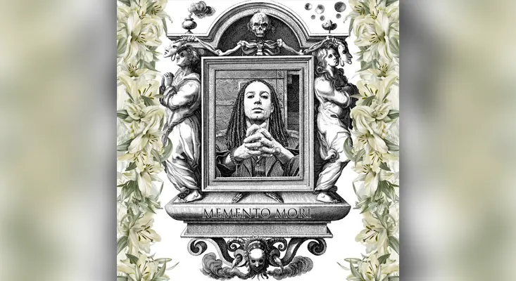 Hurtsfall - Memento Mori Black and white cover art for Hurtsfall's single Memento Mori featuring a portrait of the lead singer framed by classical illustrations of skeletons, figures, and lilies.