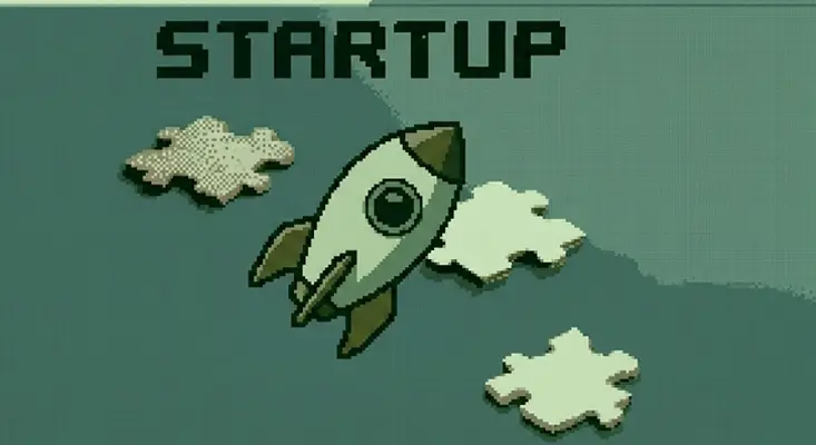 Unlike the rigid structures of the old guard, modern music startups move with speed and transparency to empower creators. Pixel-art illustration of a rocket ship launching with the word STARTUP, representing technology-driven builders disrupting the legacy music industry.