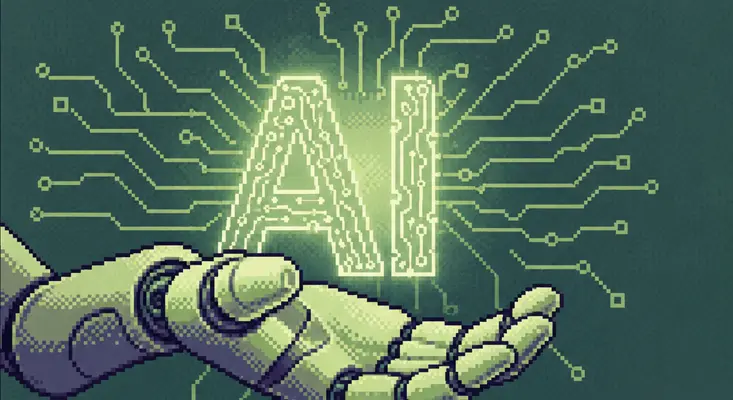Automation and AI-driven systems are reshaping the music industry by dismantling traditional gatekeeper models. A pixel-art illustration of a robotic hand holding a glowing AI circuit symbol, representing the shift to AI-powered music creation and scalable infrastructure.