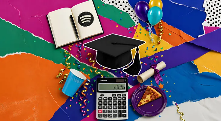 Graduation party playlist 2026 flat lay with cap, diploma, Spotify notebook, calculator showing 2026, balloons and confetti.