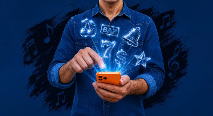 A person interacting with glass-style casino symbols on a smartphone, illustrating modern slot sound design and interactive mobile gaming features.