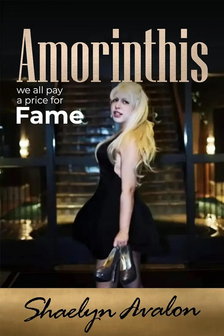 Shaelyn Avalon's debut novel Amorinthis asks whether love and fame can coexist. Cover of Shaelyn Avalon's novel Amorinthis, exploring love and fame in a futuristic city.