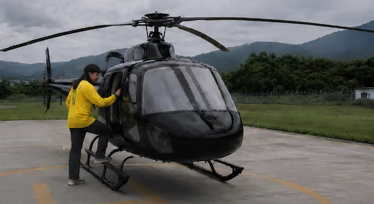 3 Insane Oliver Tree Conspiracy Theories About His Death Oliver Tree wearing a yellow number 10 Brazil soccer jersey and climbing onto the landing skid of a black helicopter on an airfield with green mountains in the background.