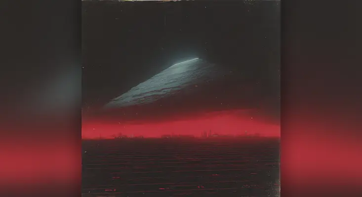 Bleed Electric Let The Invasion Begin EP cover art featuring a dark sci-fi landscape with a glowing white triangular UFO spaceship hovering over a glowing red city skyline.