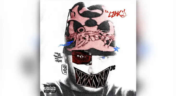 Lizdek - DUALITY Abstract multi-genre album cover art for 'DUALITY' by Lizdek, featuring a black-and-white stylized portrait of the artist covered with colorful, edgy street-art doodles, a pink patterned beanie, a jagged monster smile graphic, and an explicit content advisory tag.