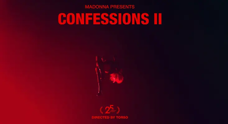 Official title card poster for Madonna Presents Confessions II short film directed by TORSO with a dark red gradient background.
