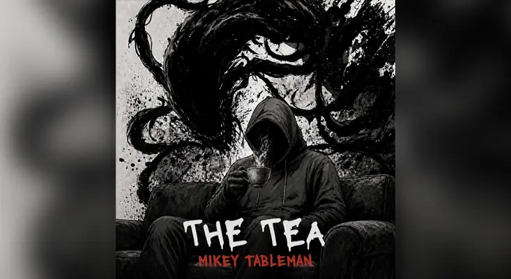 "The Tea" cover art by Mikey Tableman, showing a hooded figure drinking tea as dark, swirling ink-like smoke rises behind him.