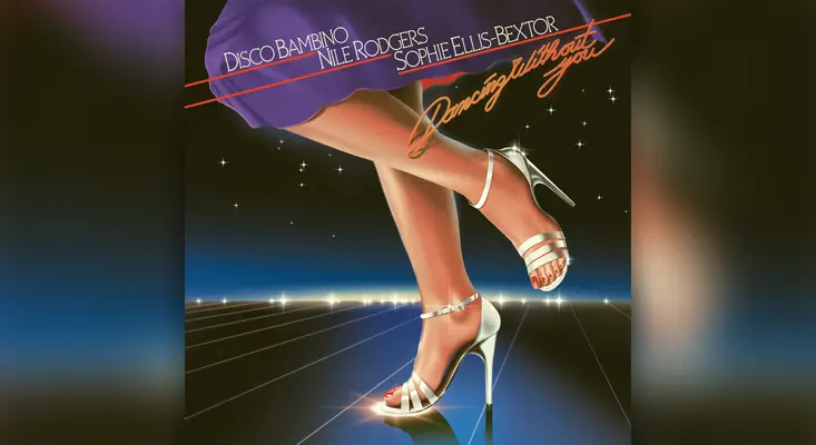 Official single cover art for Dancing Without You by Disco Bambino, Nile Rodgers, and Sophie Ellis-Bextor, featuring a retro late '70s illustrated design of a woman's legs in silver high-heeled sandals dancing on a glowing grid floor under a starry night sky.