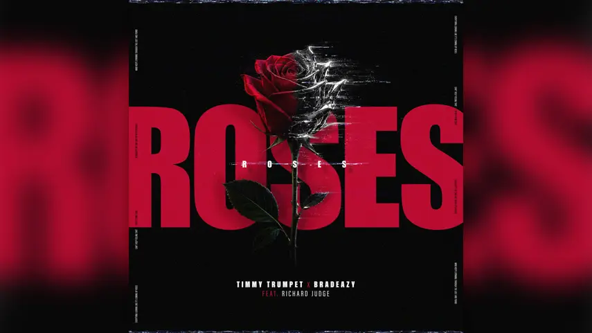 Official single cover art for Roses by Timmy Trumpet, bradeazy, and Richard Judge, featuring a red rose splitting into a metallic, glitching liquid effect over large red typography on a black background.