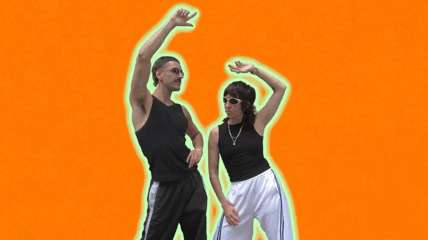 Acid House Music Takes Shape With Chloé Caillet & Luke Alessi Luke Alessi and Chloé Caillet posing in athletic wear in front of a bright orange background for their Acid House music release Change.