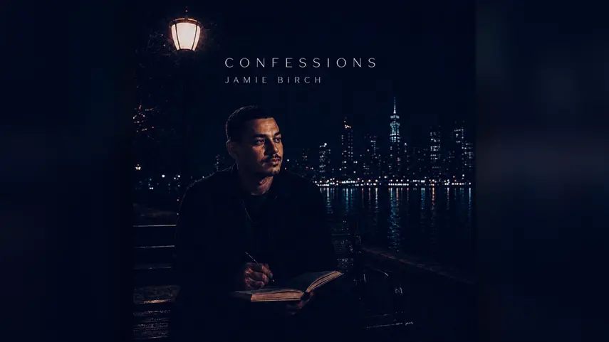 Official cover art for Jamie Birch's debut album 'CONFESSIONS.' Jamie Birch CONFESSIONS album cover with city skyline at night.