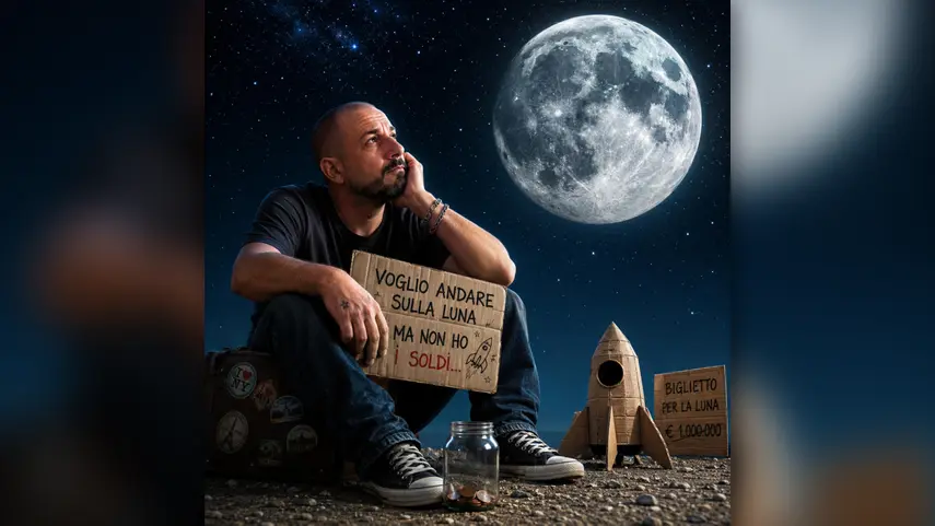 Daniele Antonio Saitta - Sulla Luna Daniele Antonio Saitta sitting under a full moon holding a sign that reads "Voglio Andare Sulla Luna Ma Non Ho Soldi," Sulla Luna cover art.