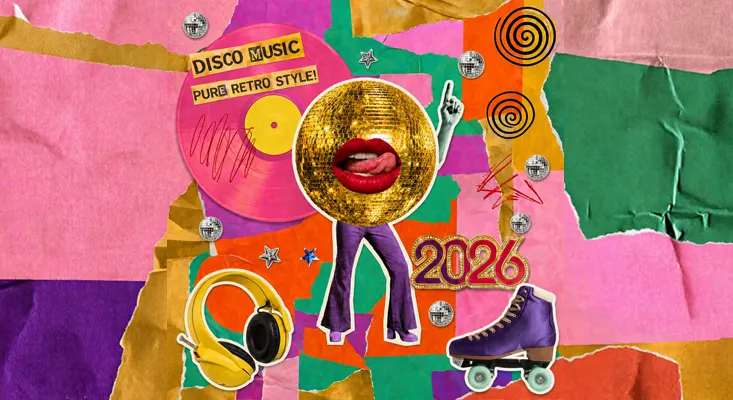 Disco Music Playlist 2026 - Pure Retro Style! (Spotify) Disco Music Playlist 2026 collage with disco ball, roller skate, headphones, and retro vinyl record.
